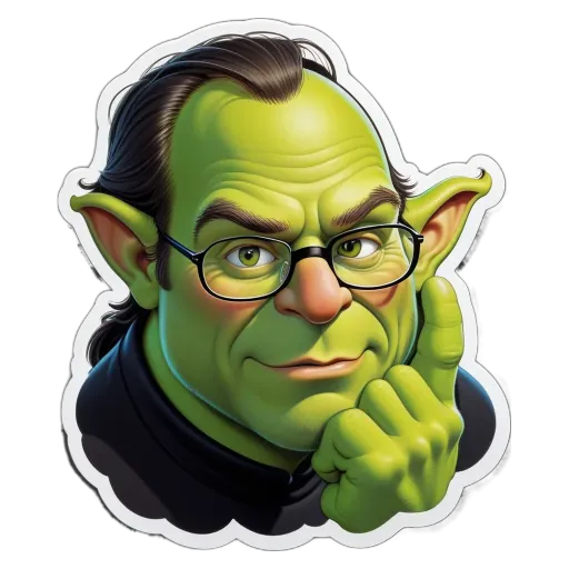 A green drawing of a man with glasses and a finger in his mouth.