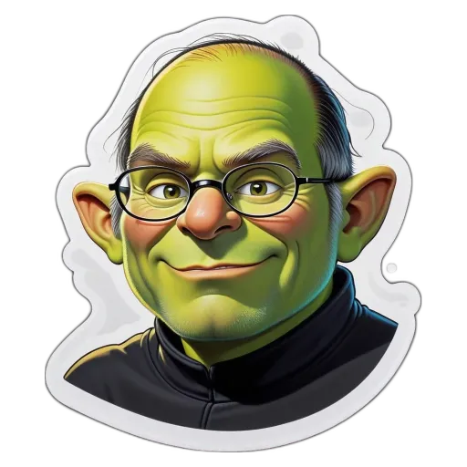 A sticker of an old man with a black jacket and green glasses.