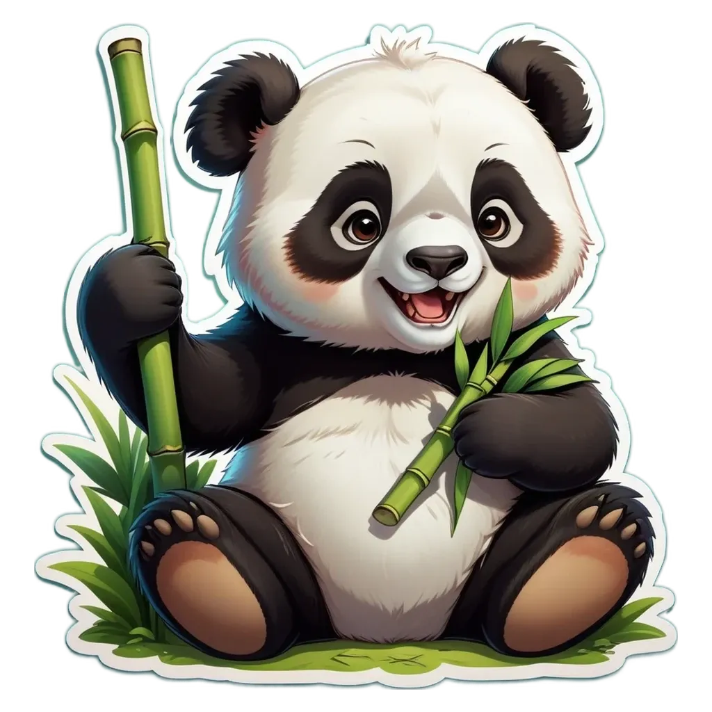 A panda bear holding a bunch of bamboo in its paws.