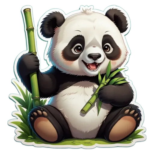 A panda bear holding a bunch of bamboo in its paws.