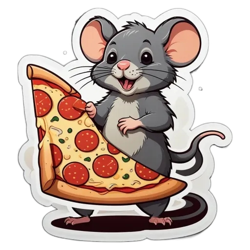 A cartoon mouse holding a slice of pizza.