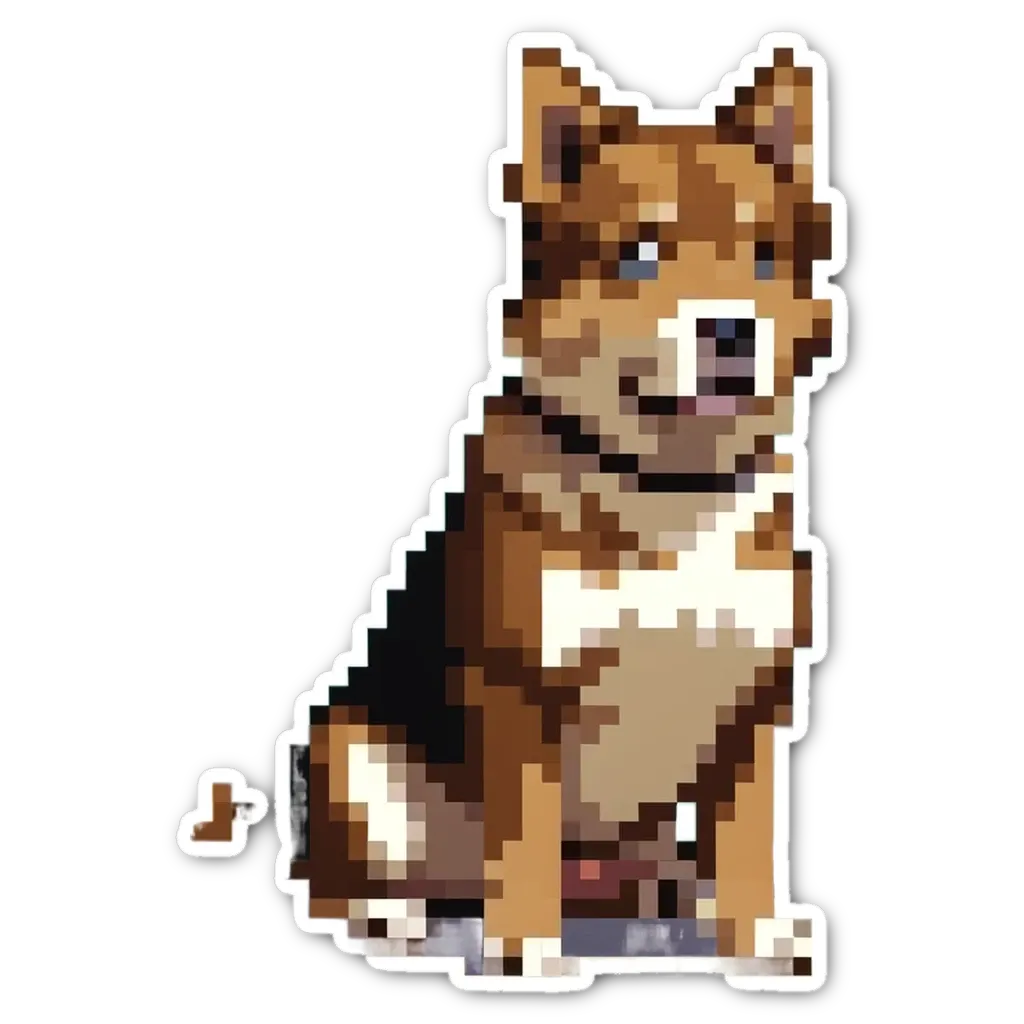 A dog in a pixelated sticker on a black background.