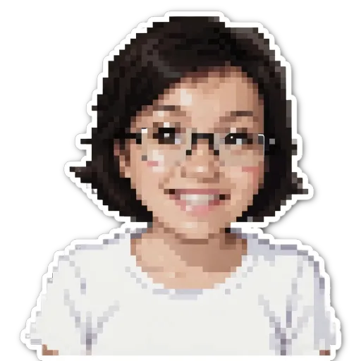 A girl wearing glasses is smiling.