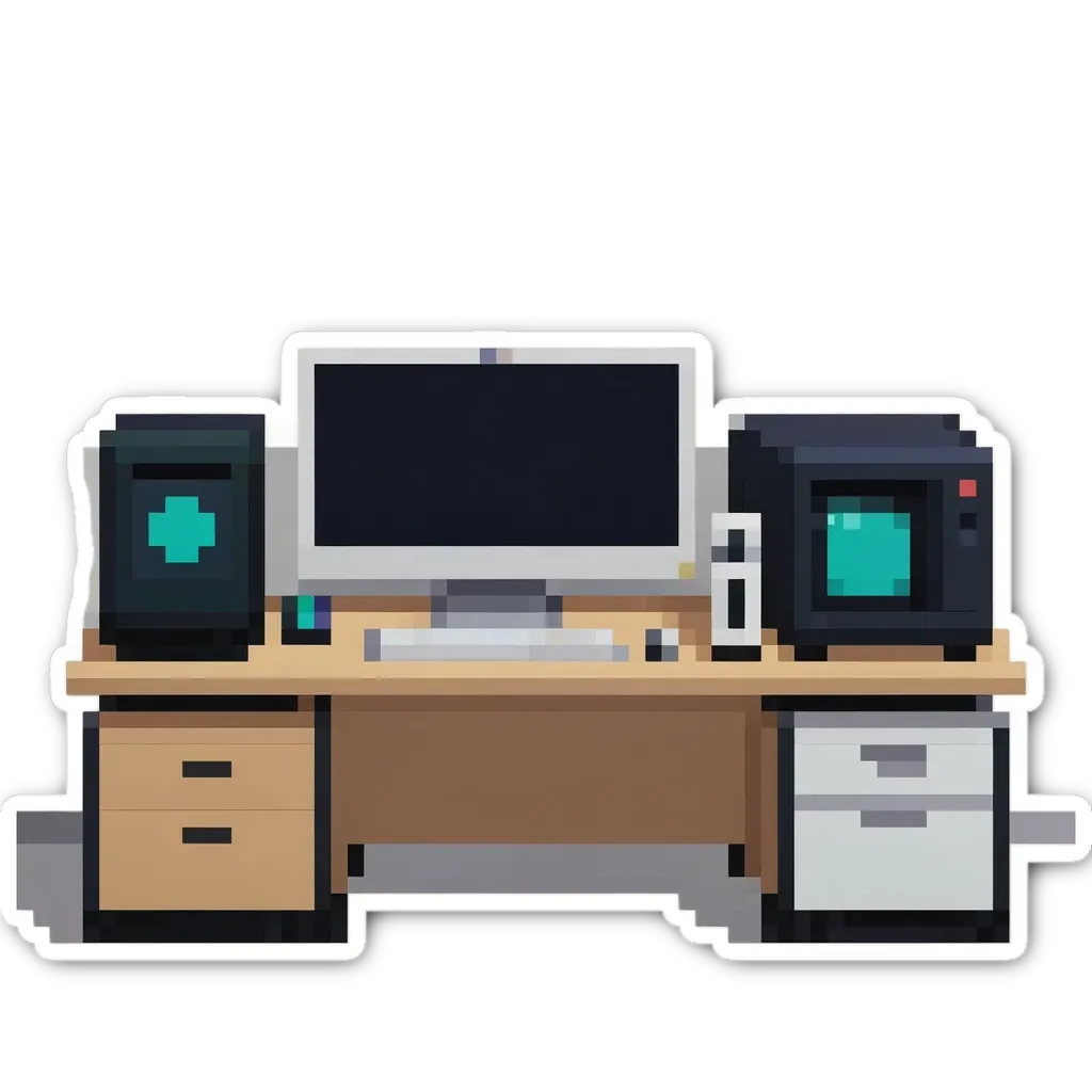 A sticker of a computer desk with a monitor and keyboard.