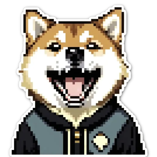 A happy panting dog in a pixelated sticker.