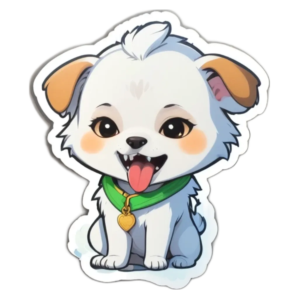 A white dog with a green collar and tongue is sitting on a black background.