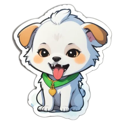 A white dog with a green collar and tongue is sitting on a black background.
