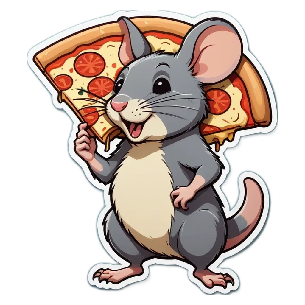 A cartoon image of a mouse holding a slice of pizza.