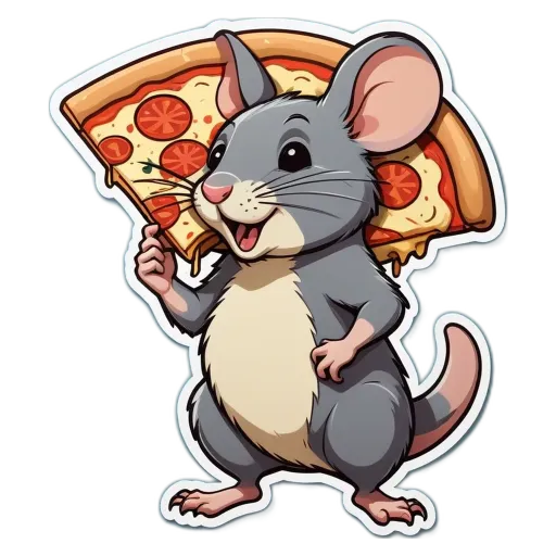 A cartoon image of a mouse holding a slice of pizza.