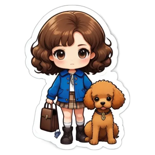 A girl with a dog and a small blue jacket.