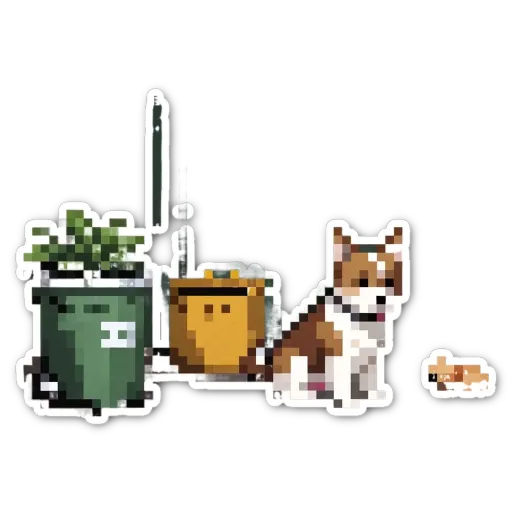 An art deco style dog is standing next to a trash can and a plant.