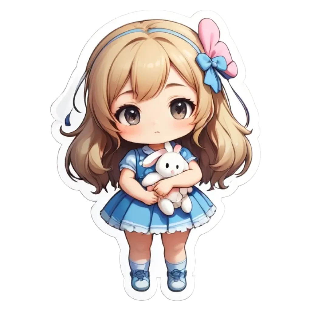 A girl holding a white rabbit is in a blue dress.