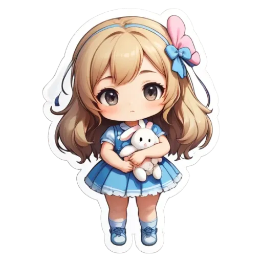 A girl holding a white rabbit is in a blue dress.