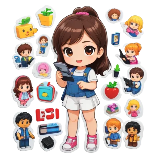 A girl is using her cell phone and there are other pictures of people on stickers.