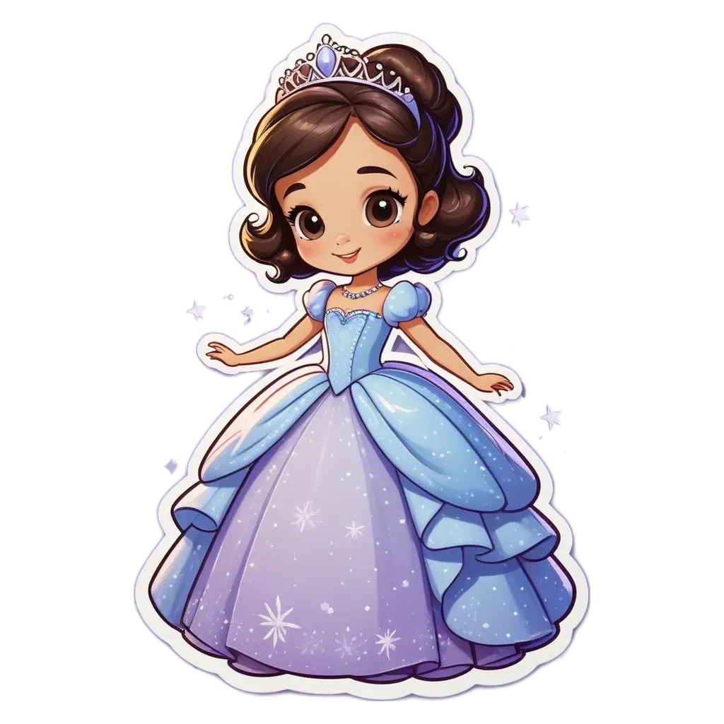 A cartoon drawing of a little girl named Princesses who is wearing a blue ballerina dress.