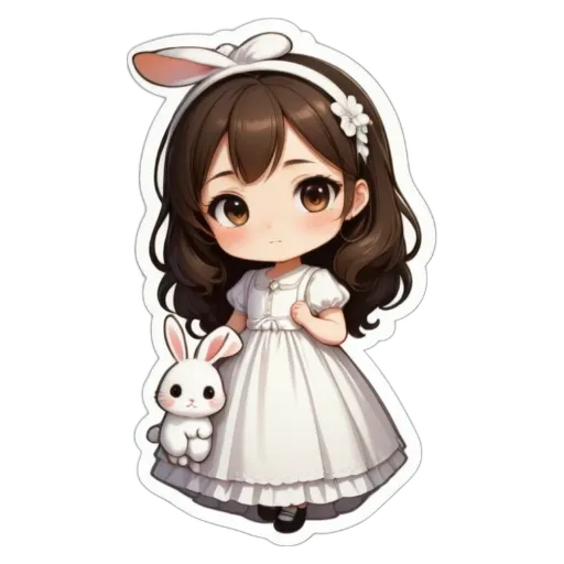 A girl holding a bunny in a white dress.