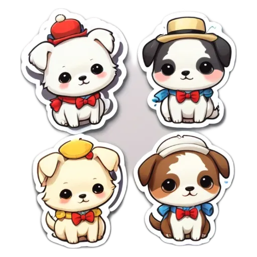 Four dog stickers in a row on a black and white background.