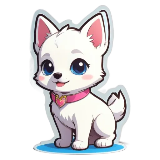 A cartoon dog with a pink collar is sitting on the floor.