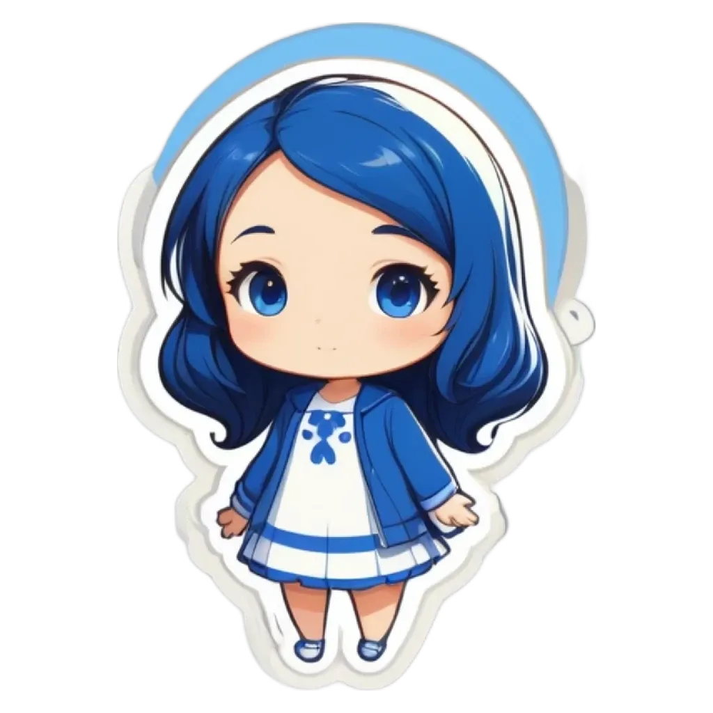 A blue girl with white hair and a dress.