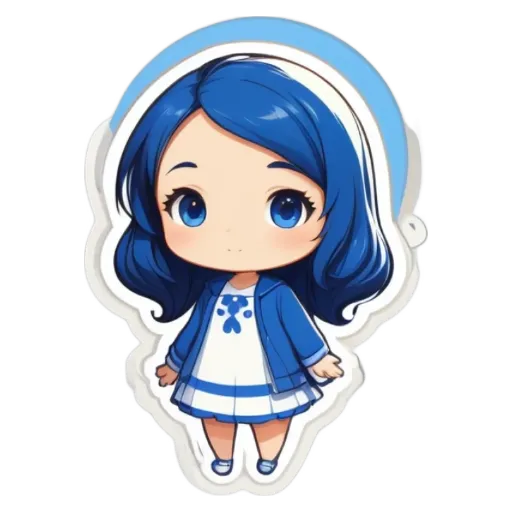 A blue girl with white hair and a dress.