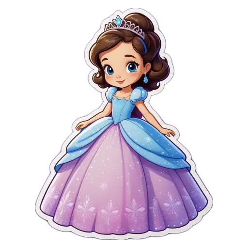 A cartoon drawing of a small girl in a blue and pink ballerina dress.