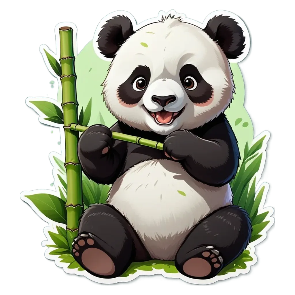 A panda bear holding a bamboo stick.