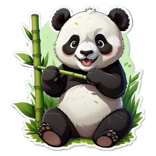 A panda bear holding a bamboo stick.