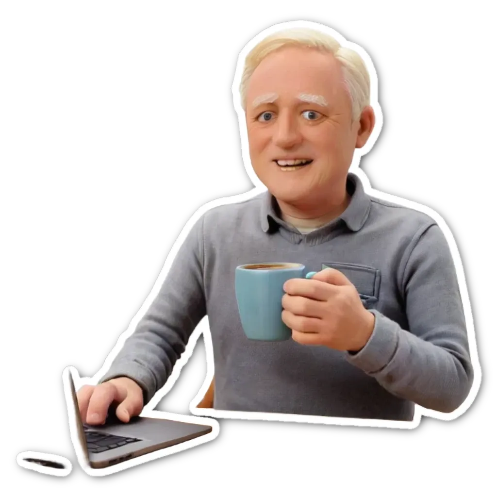 An older man holding a blue coffee mug while using a laptop.