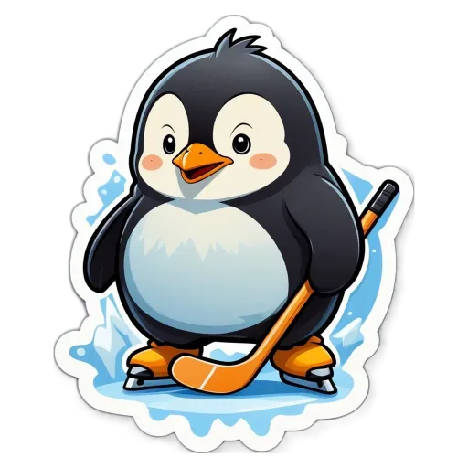 A cartoon penguin is standing on an ice rink with a hockey stick.