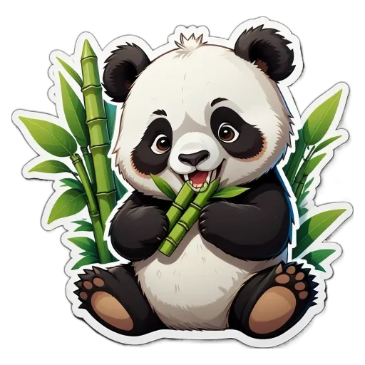 A panda bear eating bamboo in a panda bear sticker.