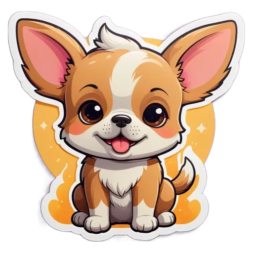 A cute puppy with brown and white fur is sitting in front of a fire.