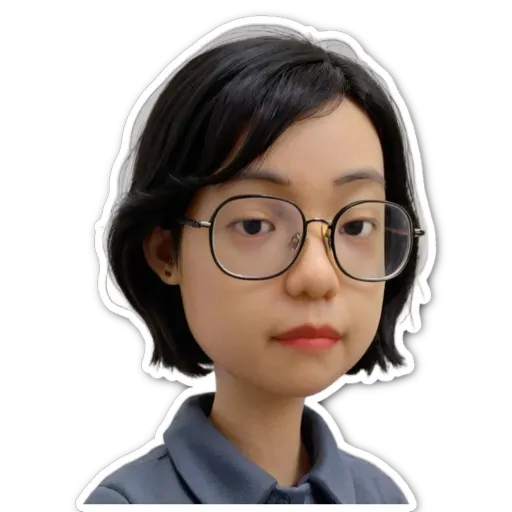 A sticker of a girl wearing glasses.