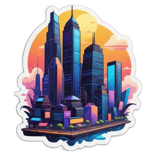 A sticker of a cityscape with a sun in the center.