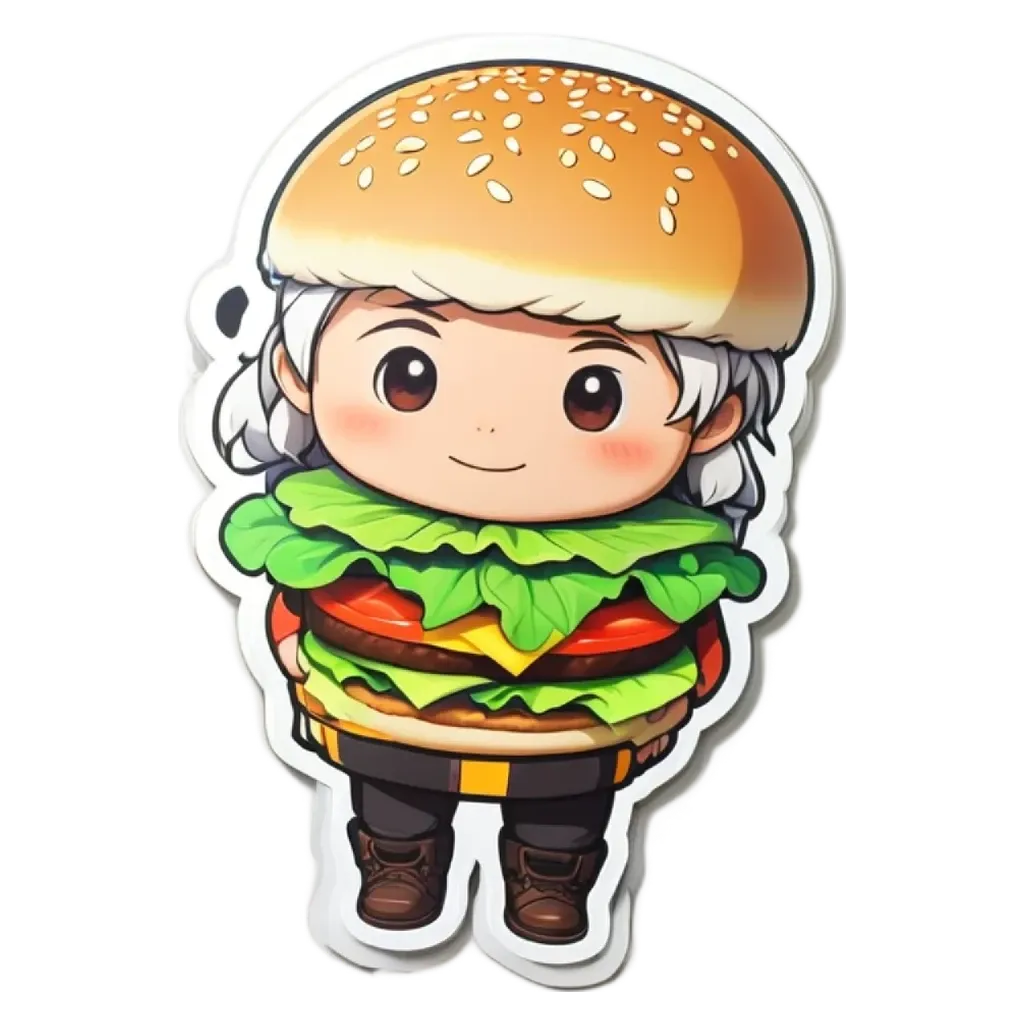 A girl is standing with a hamburger on her head.