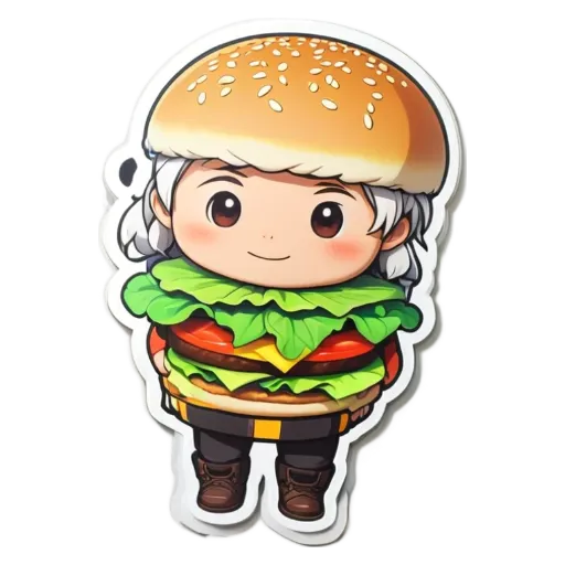 A girl is standing with a hamburger on her head.