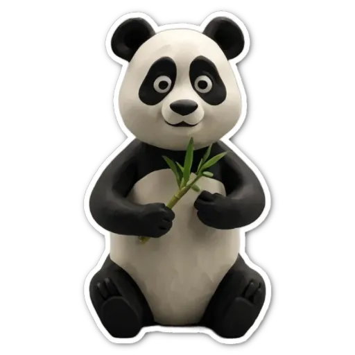 A panda bear holding a bamboo in his right hand.