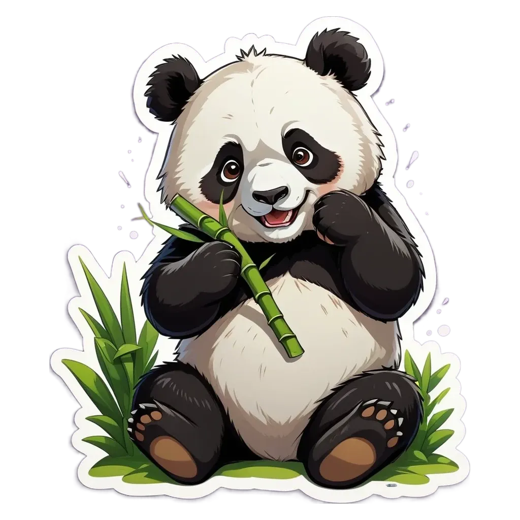 A panda bear holding a bamboo in his right hand.