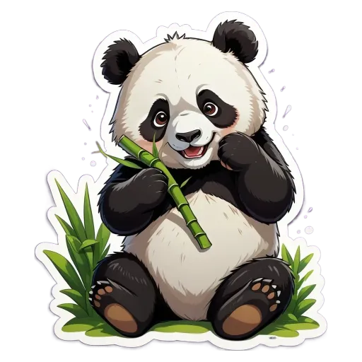 A panda bear holding a bamboo in his right hand.