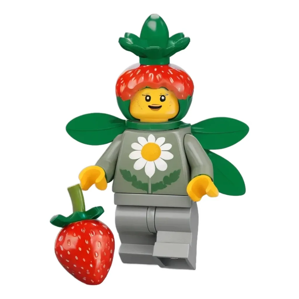 A lego person holding a strawberry.