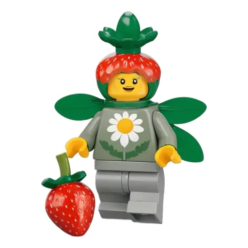 A lego person holding a strawberry.