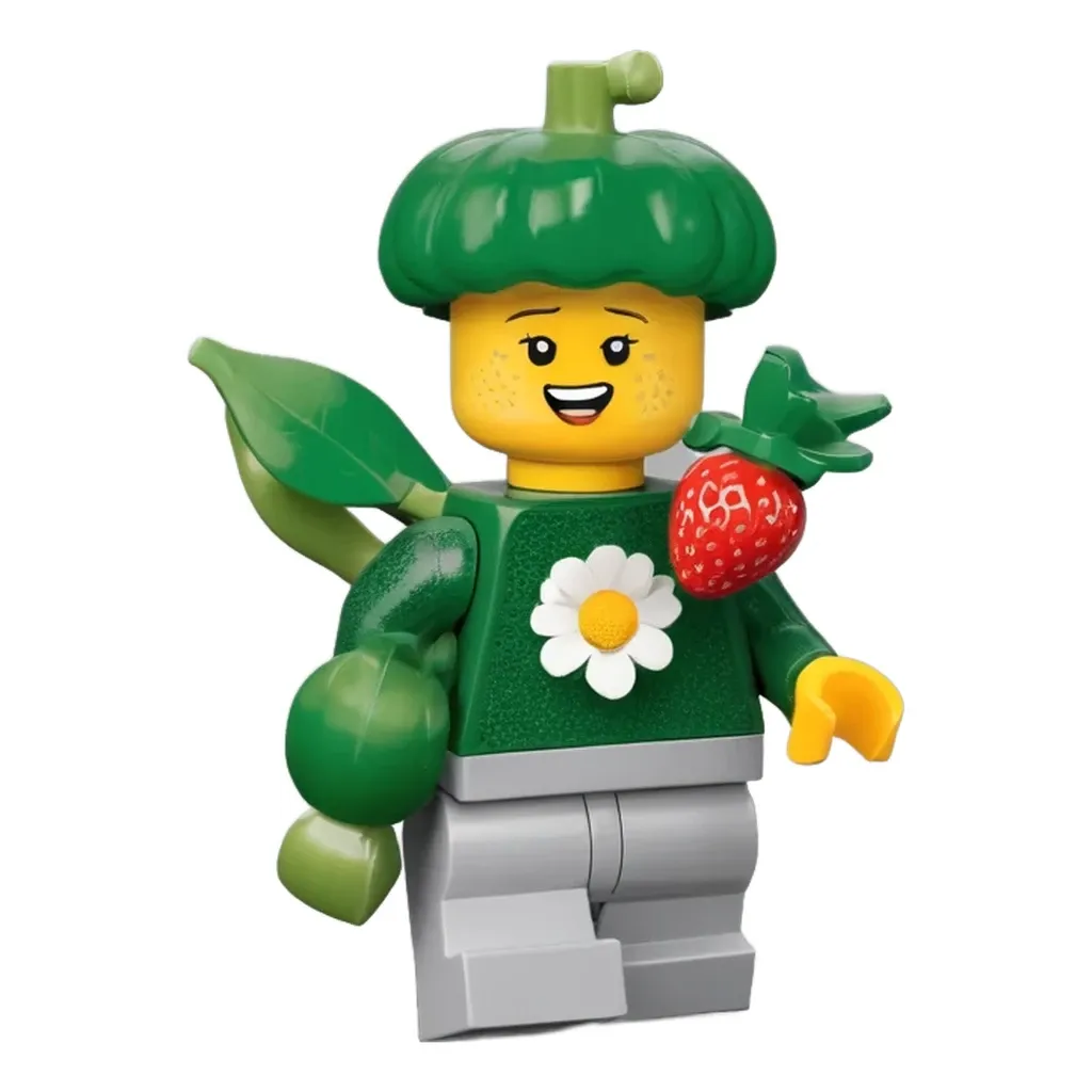 A green lego person holding a strawberry.