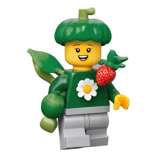 A green lego person holding a strawberry.