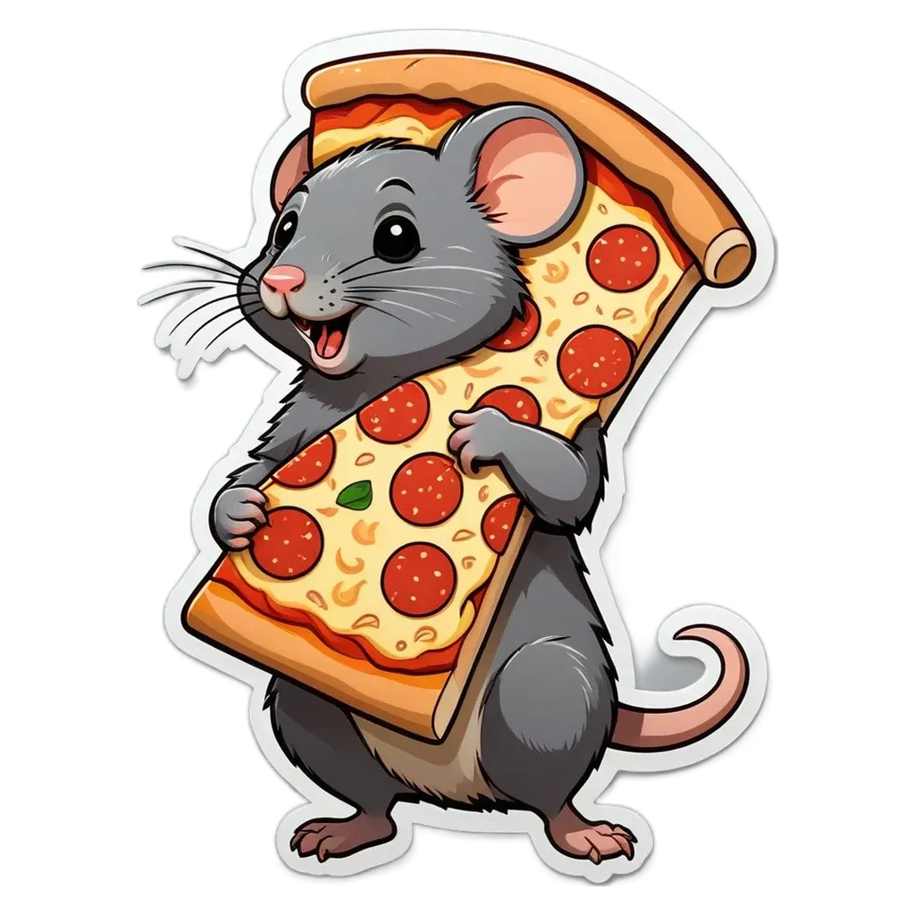 A cartoon picture of a mouse holding a slice of pizza.