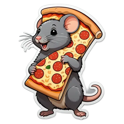 A cartoon picture of a mouse holding a slice of pizza.