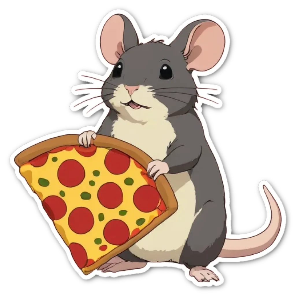 a cartoon image of a mouse with a pizza slice in its mouth.