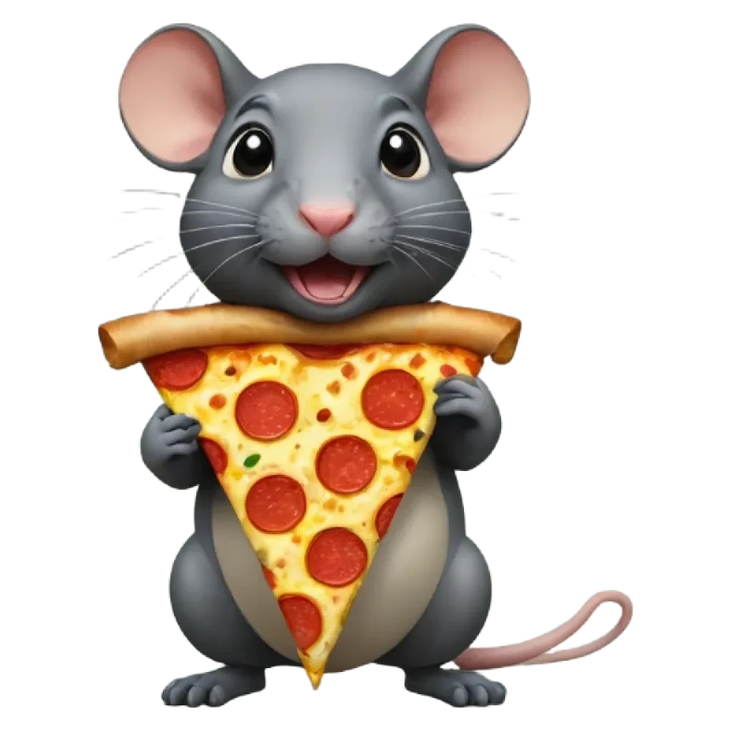 a cartoon image of a mouse holding a slice of pizza.