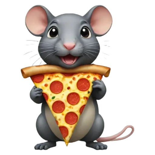 a cartoon image of a mouse holding a slice of pizza.