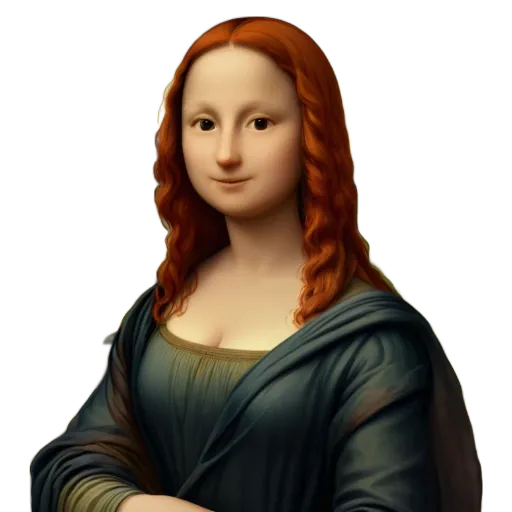 A woman with red hair and blue dress is painted in a very detailed manner.