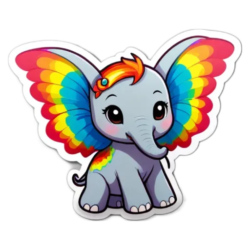 A colorful elephant with rainbow winged eyelashes.