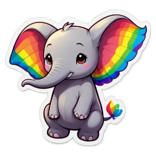 A colorful elephant with rainbow colored tusks and ears.